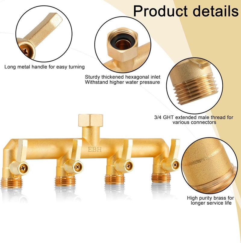 EBH Brass Garden Hose Splitter, 4-Way Heavy Duty Hose Splitter, Outdoor Faucet Manifold, with Extended Metal Handle and Individual On/Off Valve Spout, 3/4” GHT Threads - Image 3